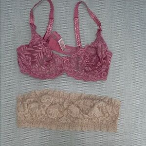 NWOT  Hanky Panky Rose Pink Lace Underwire Bra with Nude Lace Bandeau